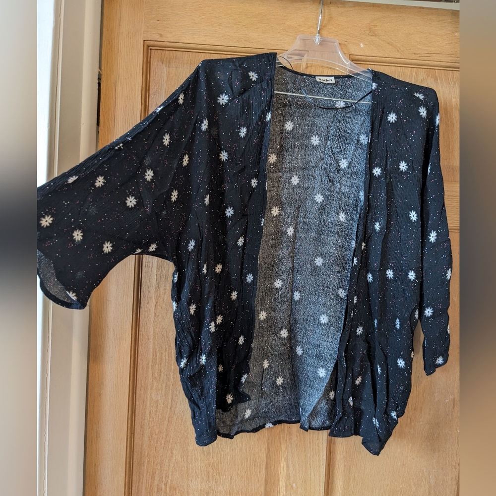 Rachel Sheer Black Kimono Cover Up with Pink and White Floral Pattern